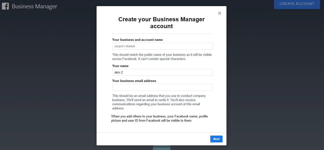 gerente de negocios creación de cuenta página 1